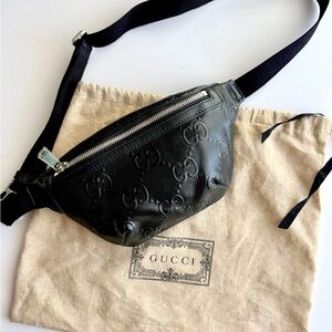 Gucci Black Embossed GG Leather Belt Bag with Silver Zipper